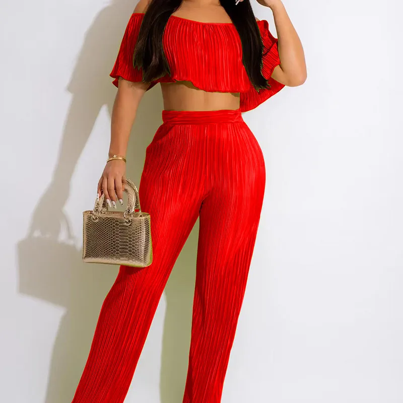 

Solid Knit Rib Two Piece Sets Women Clothes Off Shoulder Backless Crop Top and Pants Matching Sets Elegant Summer Casual Outfits