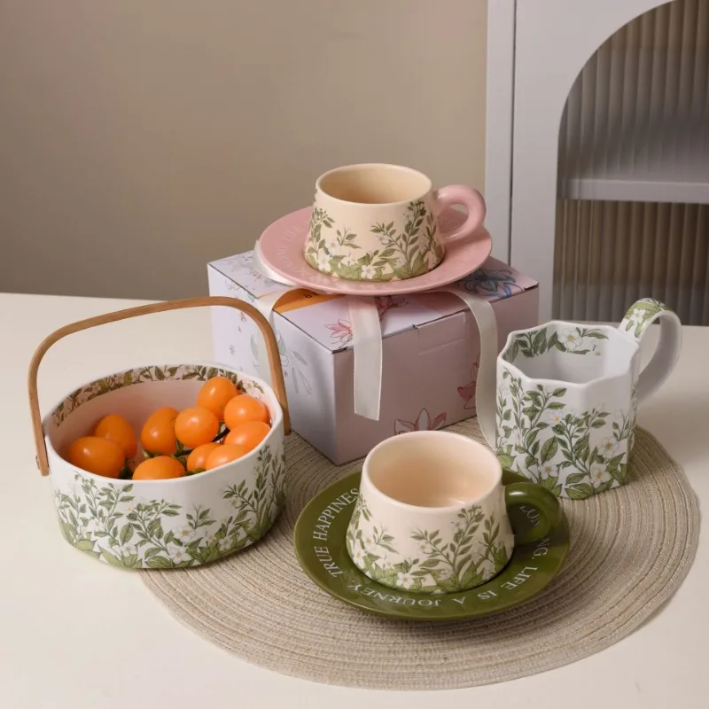 Ins Jasmine Coffee Cup and Plate Set Antique Wedding Gift Souvenir Pink Cup and Plate Gift Boxed Water Cup