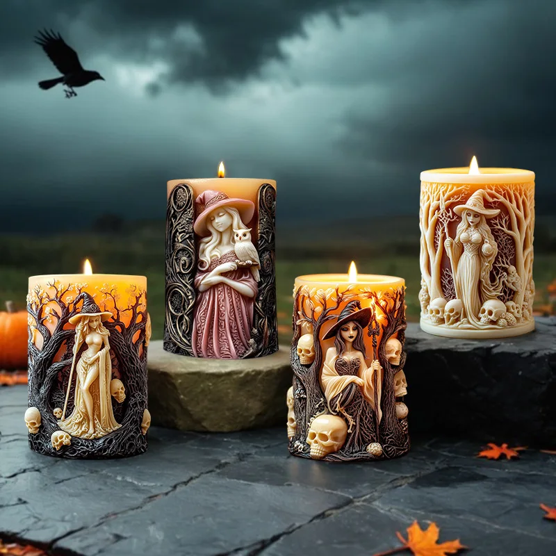 DIY Witch Cylinder Candle Silicone Mold Skull Relief Halloween Gift silicone mold,silicone candle mold,silicone candle molds,candle mold,cylindrical candle mold