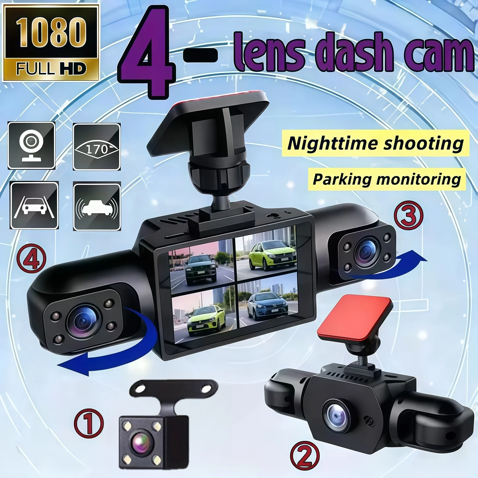 4렌즈 멀티 앵글 블랙박스, 전체 영역 모니터링, 안전 후진 및 증거 채취를 위한 후방 카메라