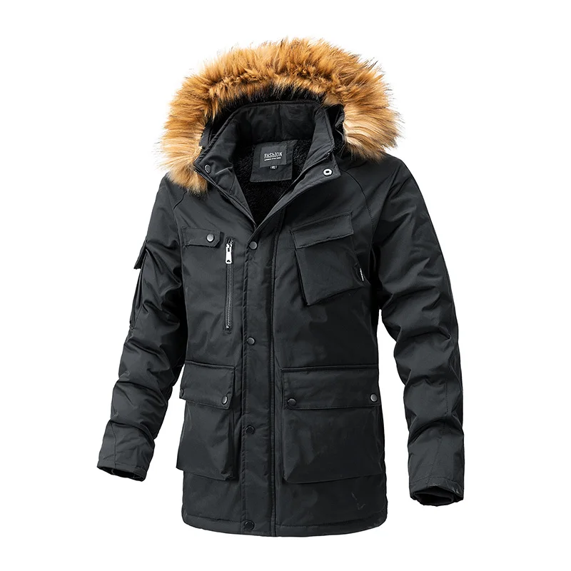 Winter Men Fleece Hooded Fur Collar Casual Jackets Coat Man Detachable Hat Multi Pocket Parkas Male Overcoat Outwear Windbreaker