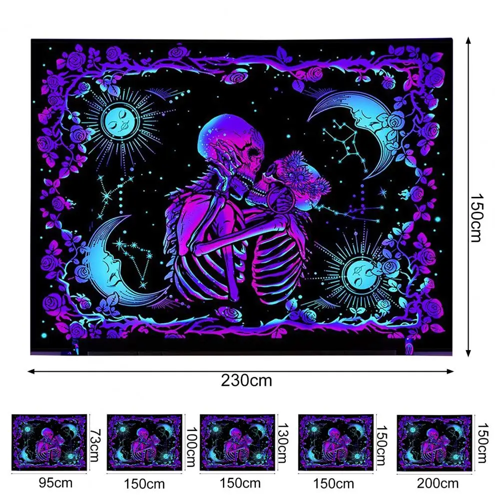 1 Set Skull Tapestry Glow In The Dark Black UV Light Reactive Rectangle Tapestry Washable Wall Art Sunflower Hanging Cloth