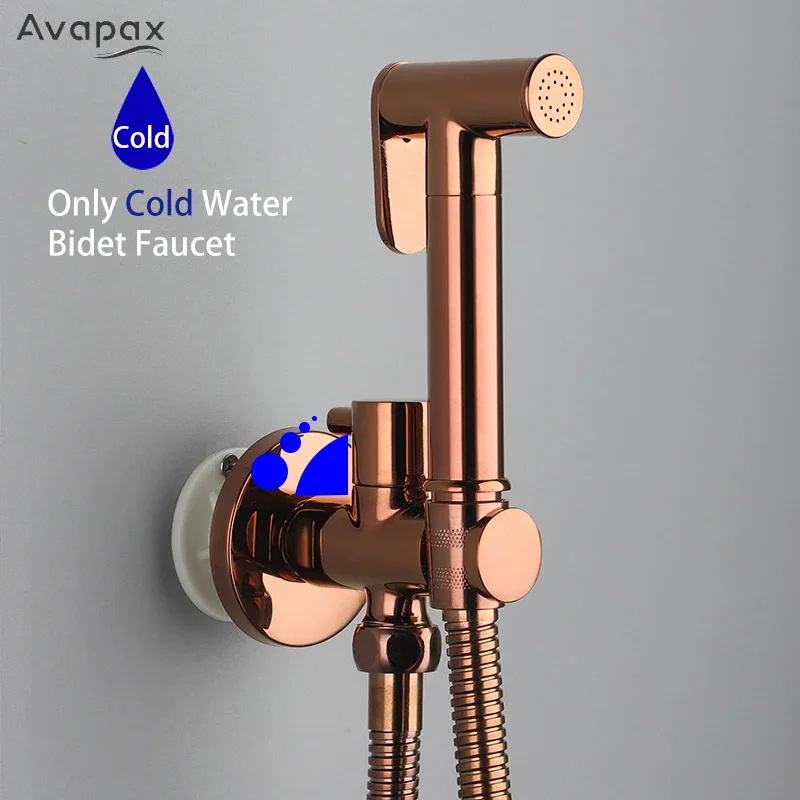 Avapax Brass Bidet Faucet Handheld Bidet Sprayer Set Rose Gold Toilet Faucet Single Cold Water Portable Bathroom Shower Head
