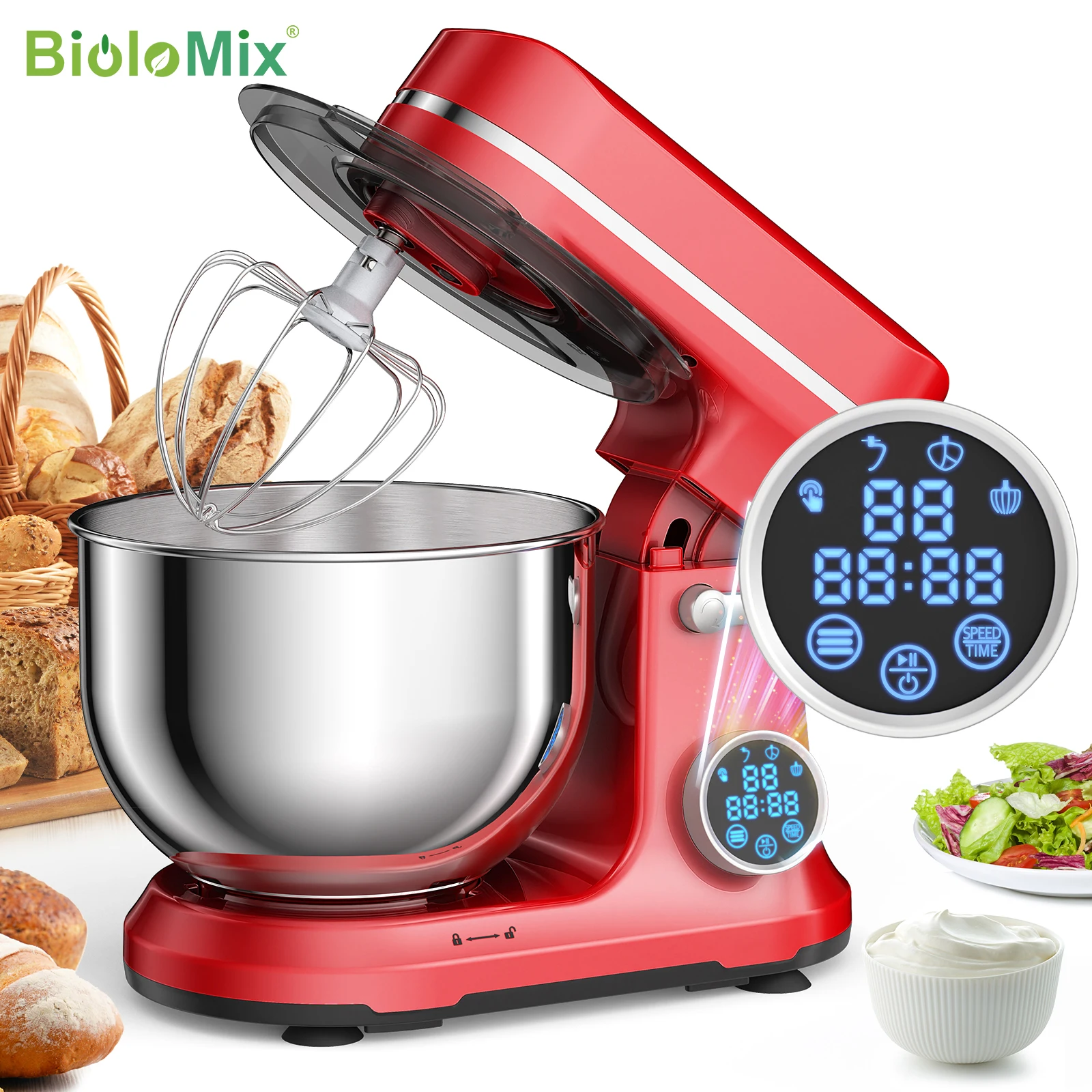 BioloMix Kitchen Food Stand Mixer, 1200W 11-Speeds DC Motor, Digital OLED Screen, Electric Food Mixer with Dough Hook, Whisk 2