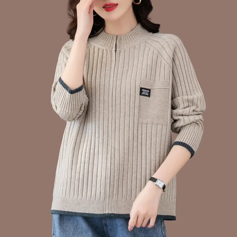 Knitted Cardigan Women's Jacket 2024 Spring And Autumn New Outerwear Loose And Stylish Long Sleeved Casual Zipper Sweater Green