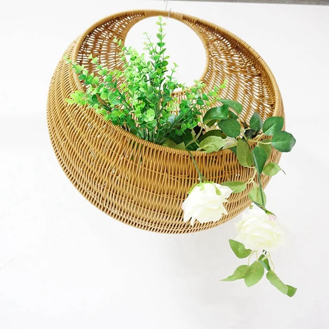 Fali Függő Kézzel Készített Fonott Rattan Virág Kosár Zöld Szőlő Edény Ültetvényes Váza Konténer Növény Kerthez - Image 4