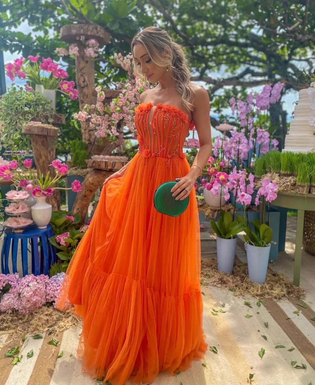 Bright Orange Tulle Long Prom Dresses Strapless Beaded Embroidery Handmade Flowers Evening Party Gowns Zipper Back Vestidos