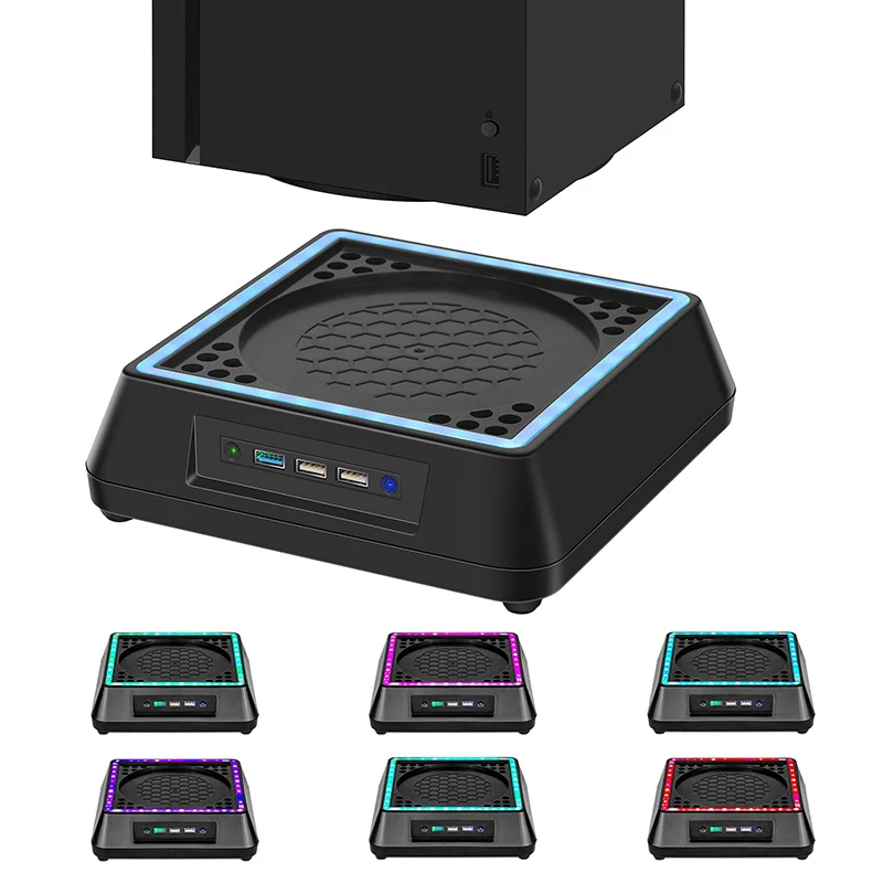 New Vertical Stand Cooler for Xbox Series X Game Console Build in Cooling Fan with 7 Color LED Station 3 USB Ports Dock Mount