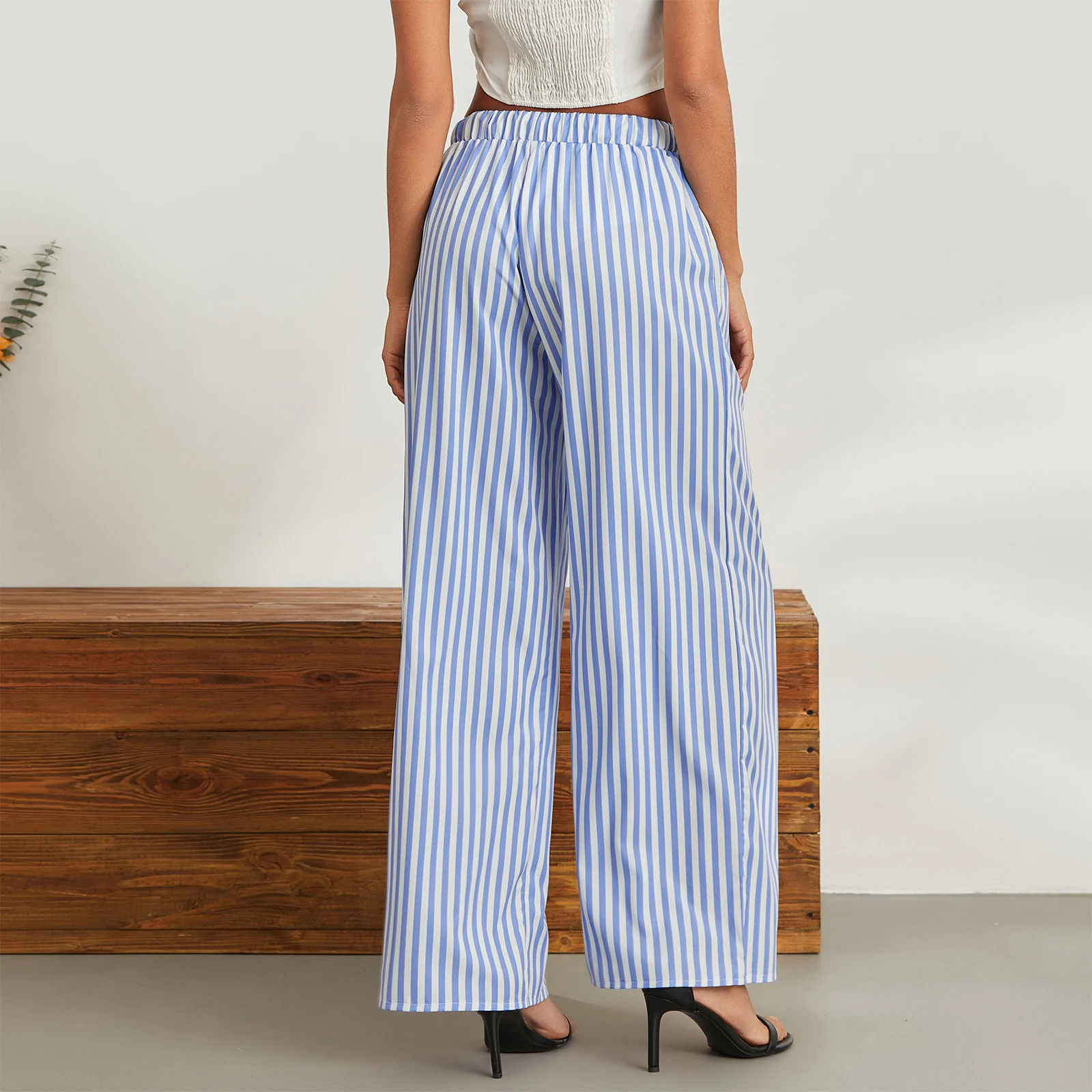 Women Y2k Pants Striped Wide Leg Pants Casual Comfy Drawstring Elastic Waist Pajama Pants Loungerwear