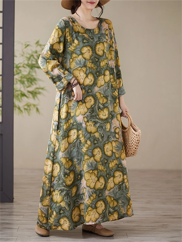 2025 Spring Autumn Cotton Vintage Print Long Sleeve Dresses For Women Casual Loose Dress Femme Robe Vestidos Fashion Clothing