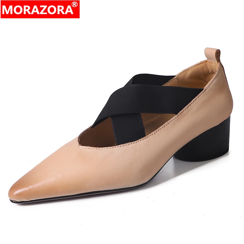 

MORAZORA 2024 NEW Genuine Leather Shoes Women Pumps Pointed Toe Chunky Heels Spring Summer Ladies Office Dress Shoes