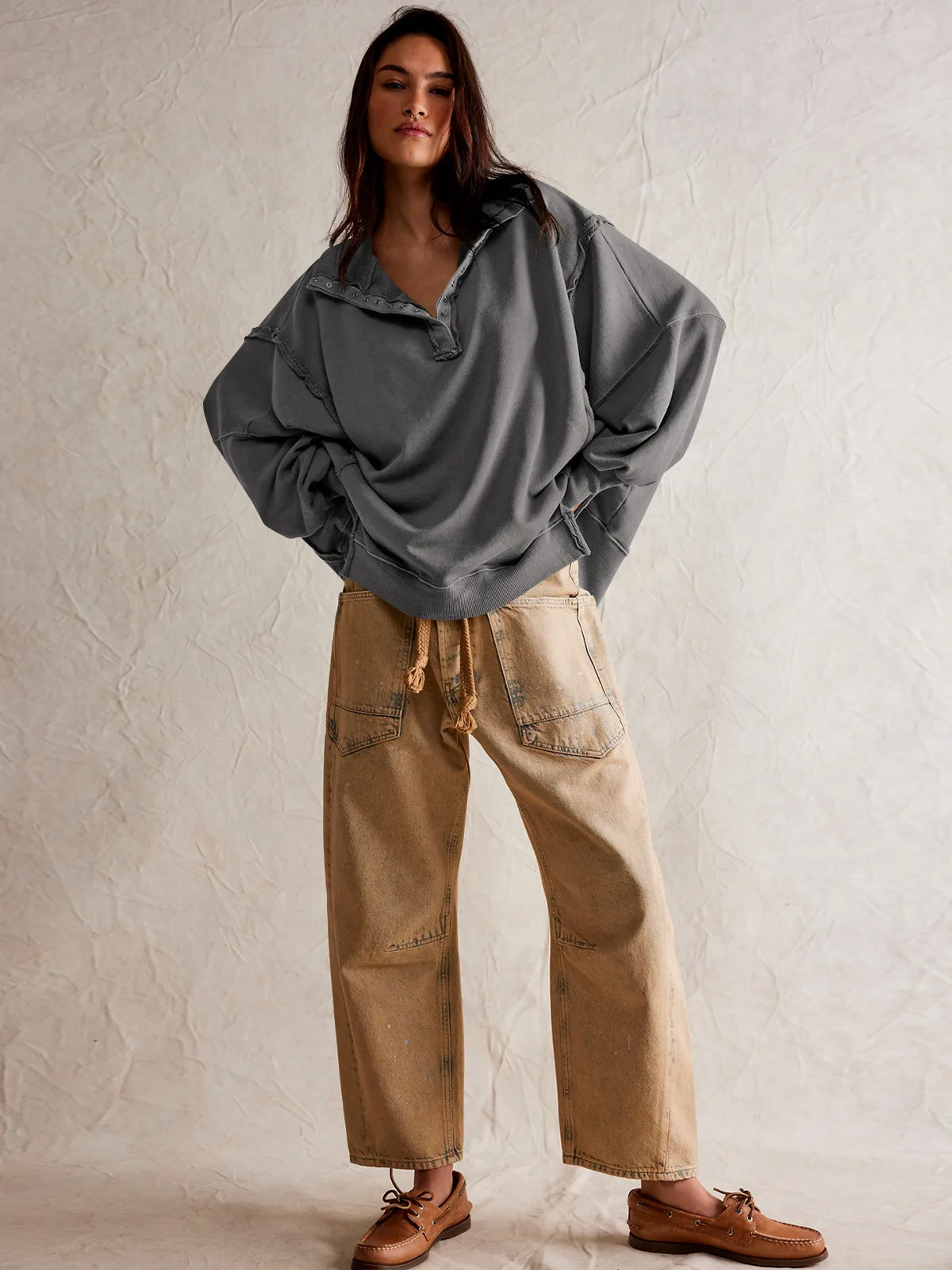 Woman's Autumn Solid Color Sweatshirt Fashion Flip Collar Long Sleeves The Hem Is Irregular Hoodie Ladies Elegant Button Tops