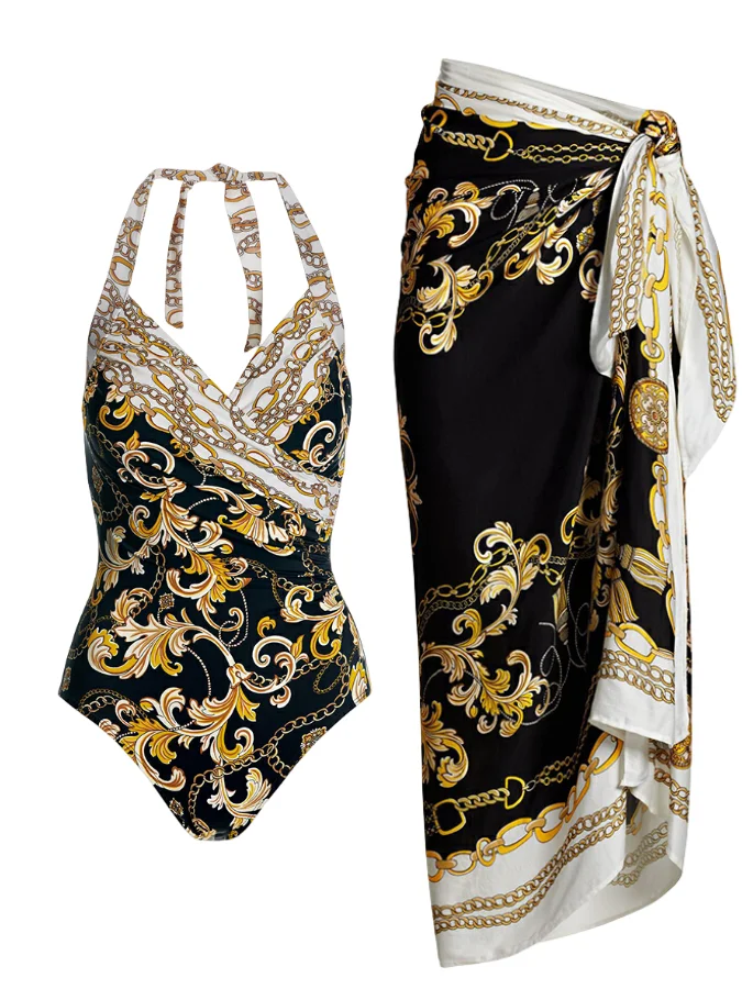 

Роскошный винтажный женский бикини, Модный Стильный слитный дизайнерский купальник с принтом, купальник с высокой талией и саронг, новинка, для пляжного отдыха 2024