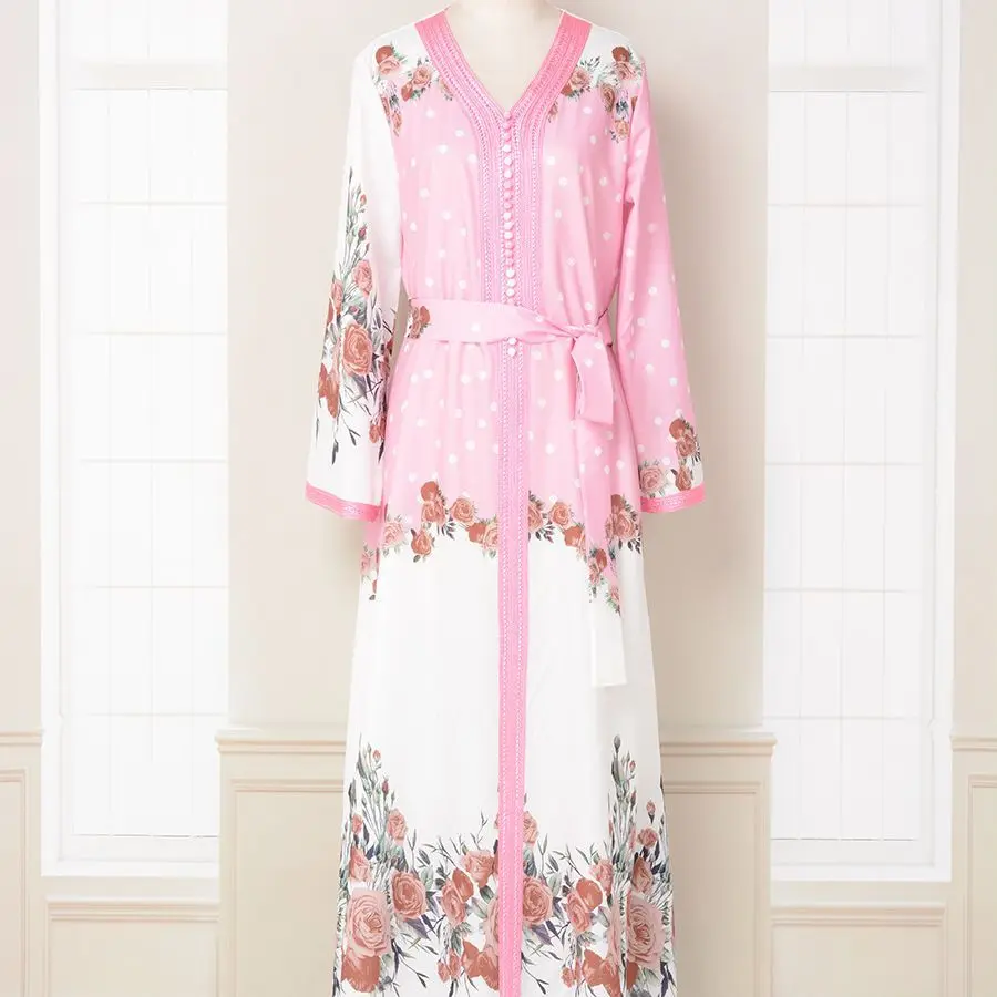 Satin Printed and Colored Lace Robe for Women Arab Party Fashion Dress