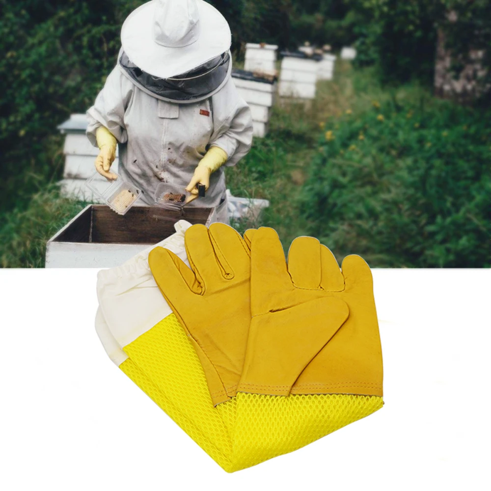 1Pair Apiculture Sheepskin/Linen Gloves Anti-bee Anti-sting Long Sleeves Ventilated Beekeeper Bee Keeping Tool