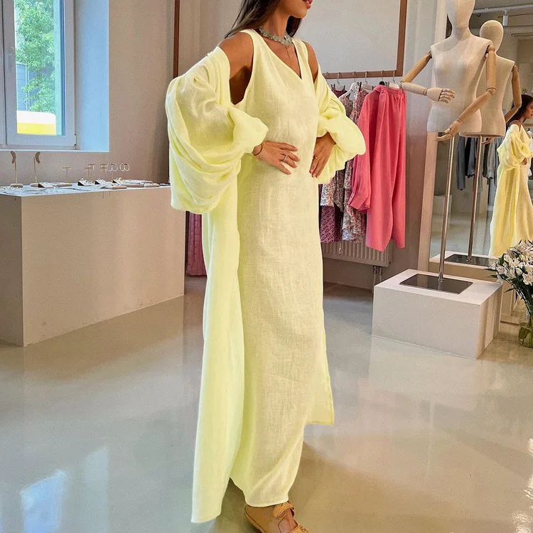 Loose 2 Piece-Set Long Dress Cover up Clothes For Women Casual V-Neck Solid High Waist Beach Holiday Maxi Dress Outfits