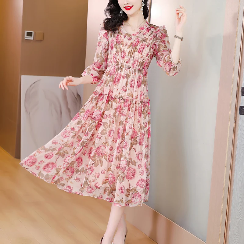 

2023 New Fashion Silk Printed Dress Women's Summer Elegant Versatile Loose Fit Casual Vacation Opportunity Dress Vestidos