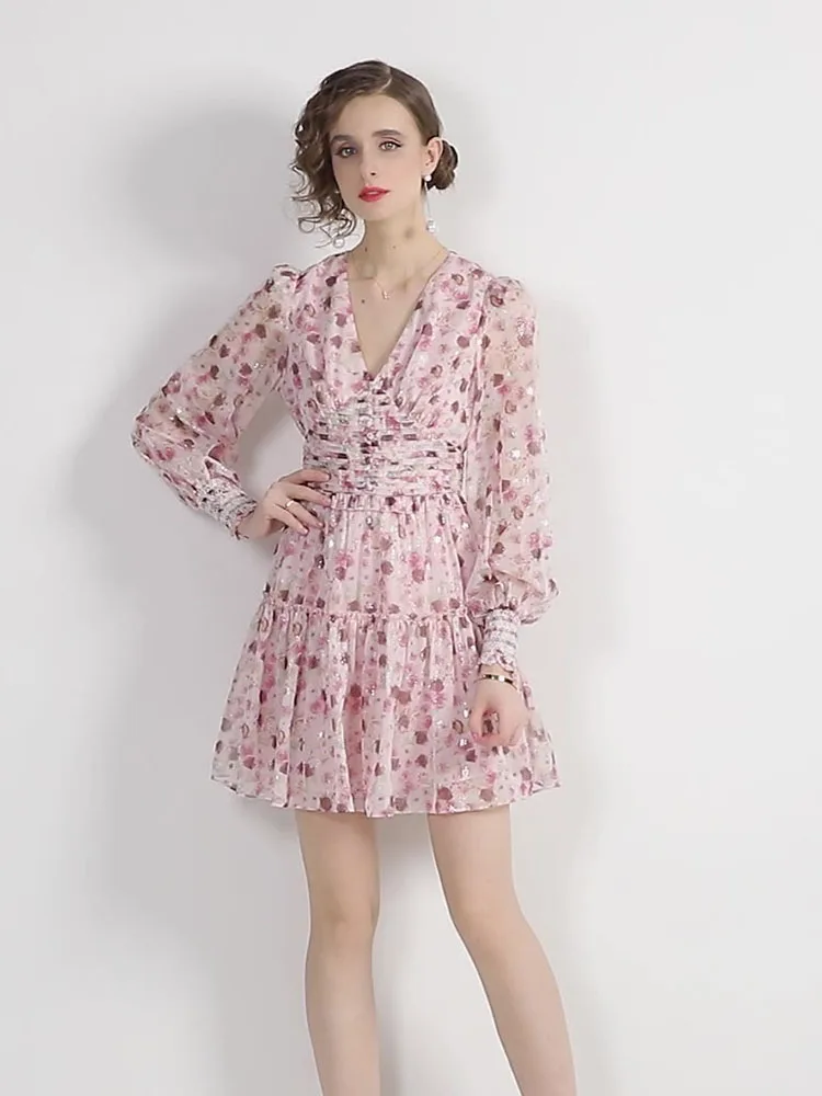 

2022 Summer Women's Dress Chiffon High Waist V Neck Long Sleeve Elegant Fashion Pink Dress B45