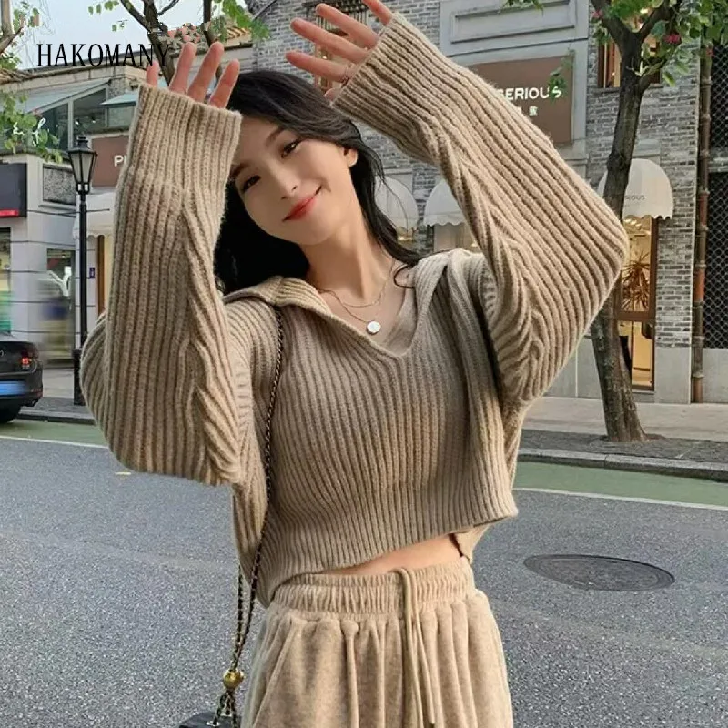 

2023 Women Full Sleeve Loose Short Pullover Jumper Knitwear CHIC Solid Color Rib Knitted Big Lapel V Collar Cropped Sweater