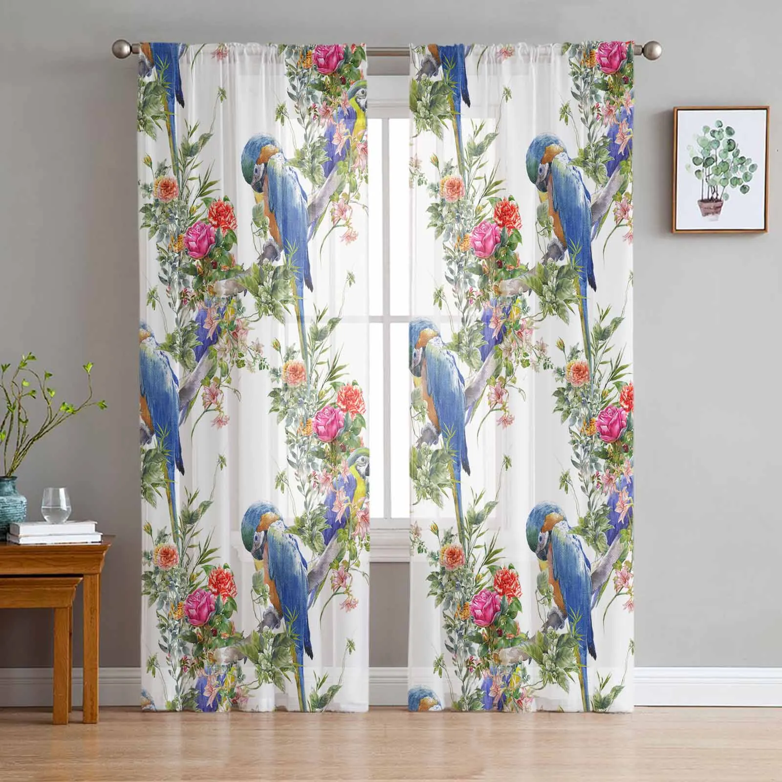 

Watercolor Hand-Painted Flower Parrot Retro Voile Sheer Curtains Living Room Window Tulle Curtain Bedroom Drapes Home Decor