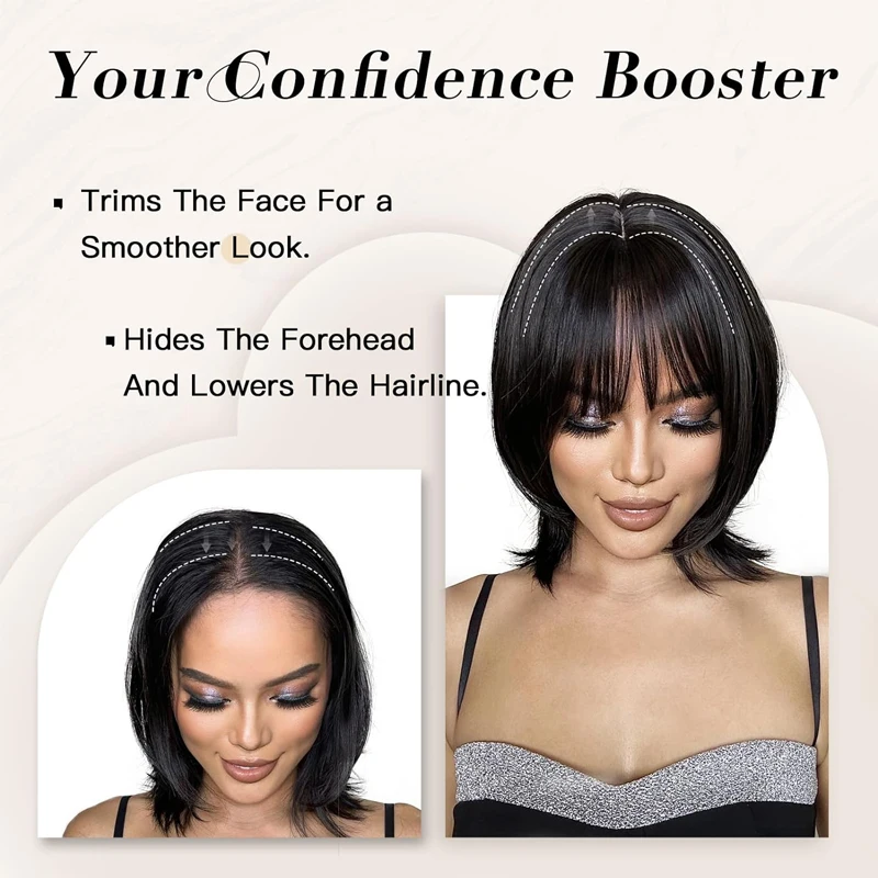 Human Hair Hairnet 7X10cm French Bangs Toupee 25cm Straight Clip in Hair Extension Improve Volume Topper Pieces