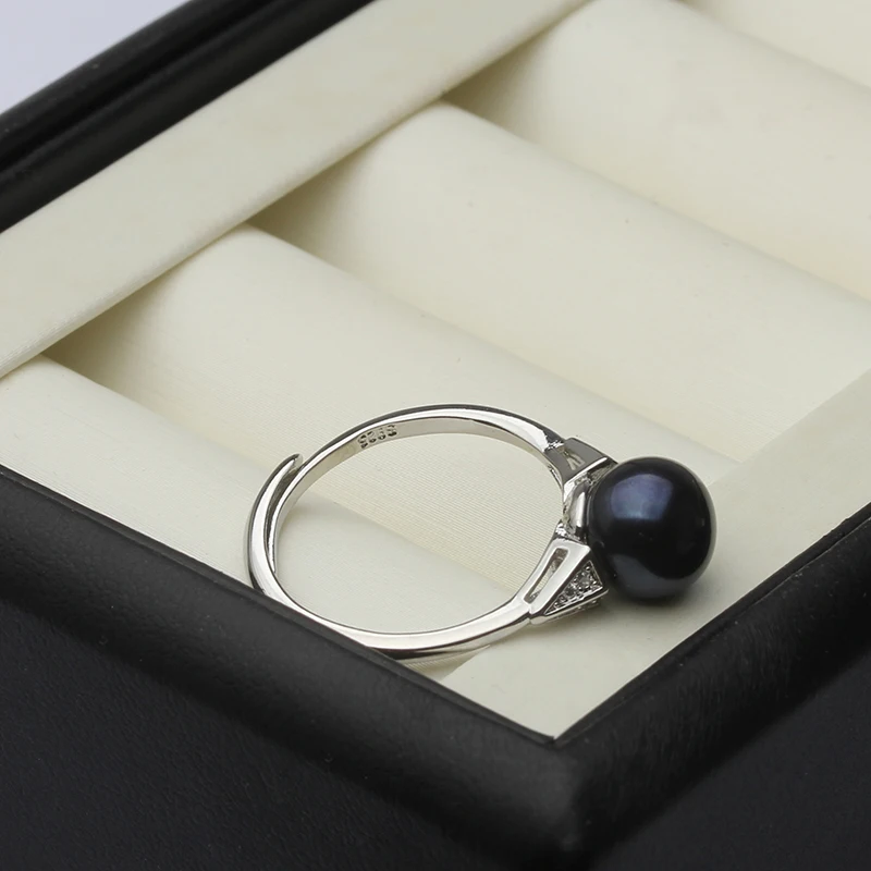 Freshwater Pearl Rings For Women,Cubic Zircon 925 Silver Open Pearl Ring Adjustable Mom Wife Birthday Gift Black 6