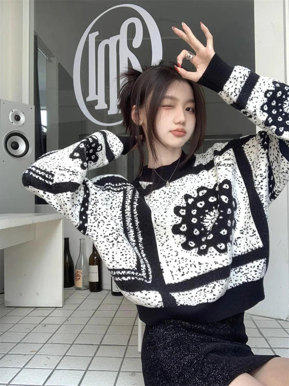 

Temperament Sueter Mujer Floral Fashion Cropped Pullovers for Women O-neck Long Sleeve Tunic Beading Jumper Vintage Knit Sweater