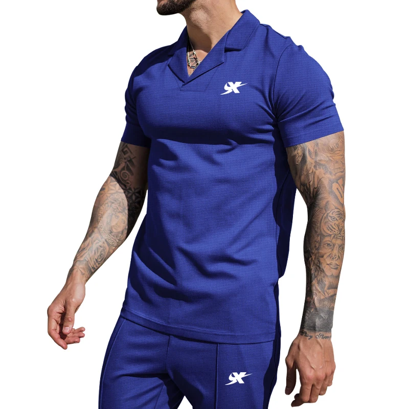 Summer New Waffle POLO Shirt Fashion And Comfortable Short-sleeved  High-quality Outdoor Sports Suit Trousers Tracksuit Men