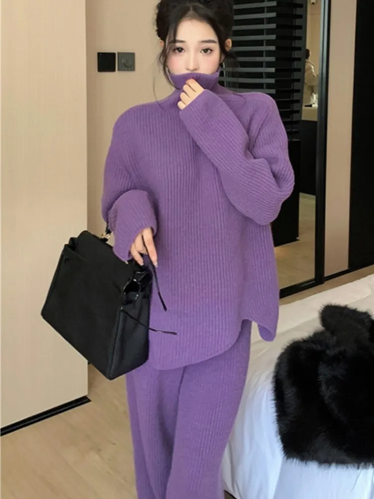 

Winter Casual Knit 2 Piece Set Women New Fashion Purple Long Sleeve Turtleneck Pullover Sweater+Wide Leg Pants Female Pantsuit