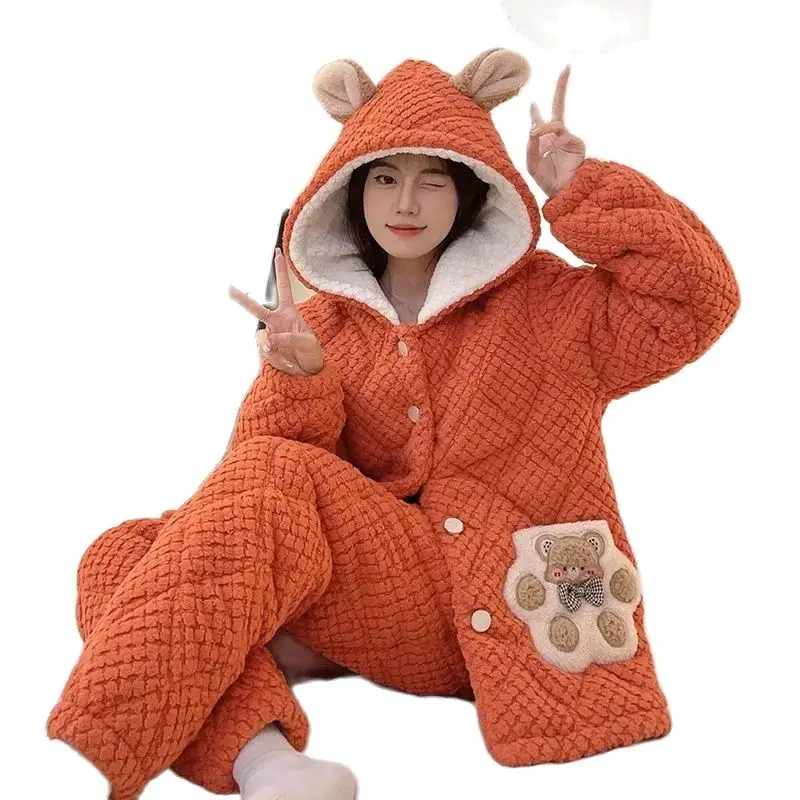 Famale Thick Pajamas Women Winter Three-layer Loungewear Extra-thick Sleepwear Suit Velvet Pad Warm Household Clothes Set Pijama