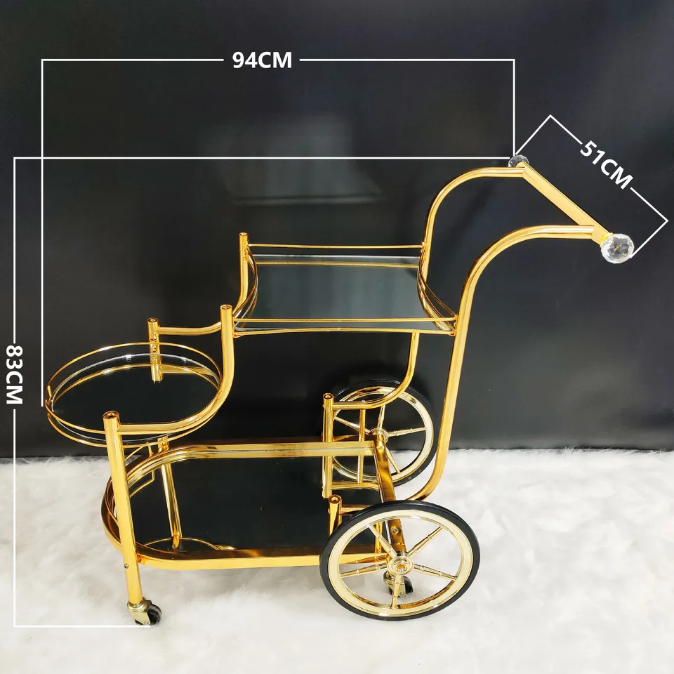 ゴールドメタル＆ガラス製サービングトロリーバーカート、360°回転