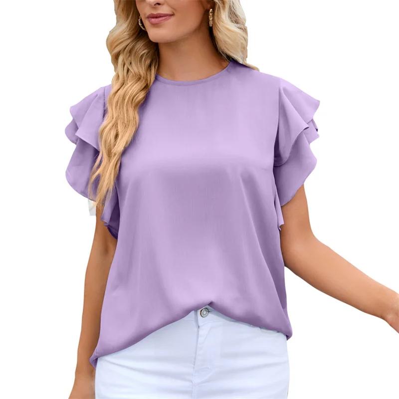 Summer Sweet Style Ruffle Short Sleeve Chiffon Tops Ladies Elegant Women's Casual Loose O Neck Shirt Solid Color Splicing Blouse