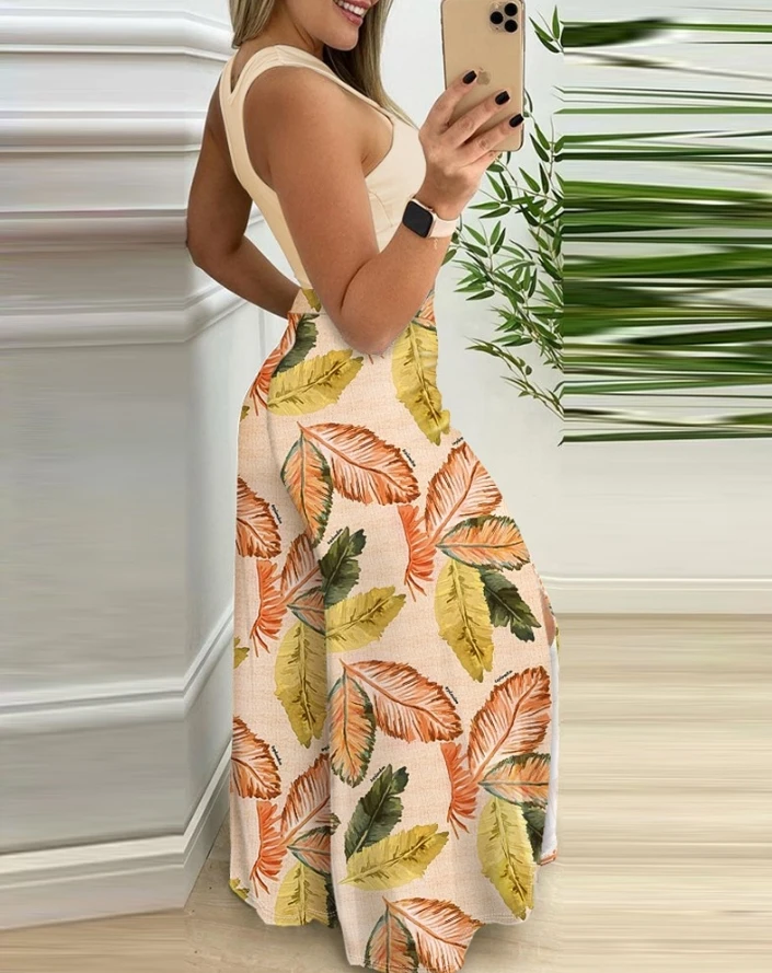 Two 2 Piece Sets Outfits Tracksuit for Women 2024 Spring Summer Round Neck Sleeveless Cutout Tank Top Leaf Print Slit Pants Set