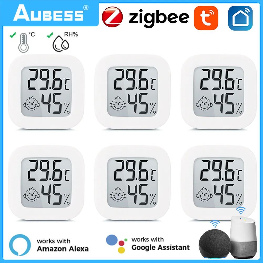 Tuya Zigbee Sensor de Temperatura e Umidade com Bateria Display Digital Lcd Termômetro Higrômetro Controle de Voz Via Alexa e Google