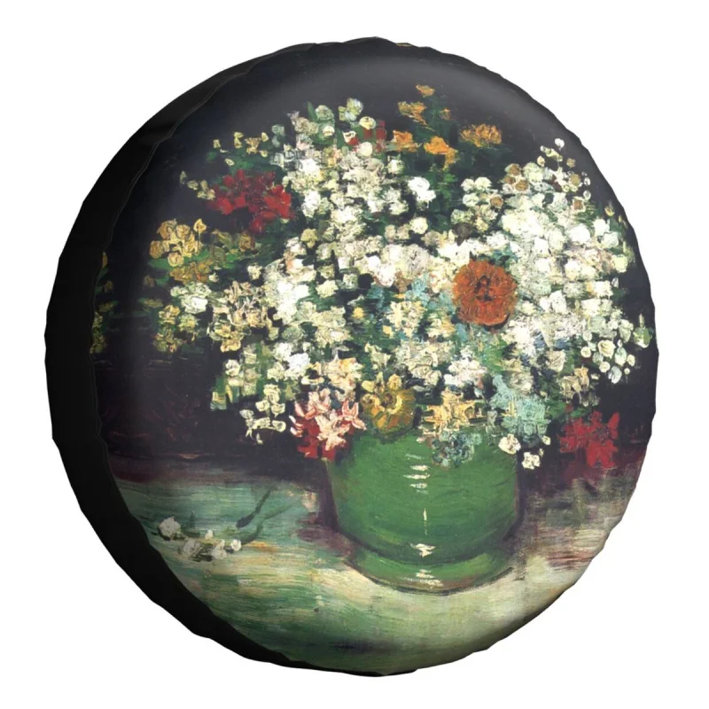 

Vincent Van Gogh Spare Tire Cover for Jeep Hummer Custom Vase with Zinnias and Other Flowers Car Wheel Covers 14" 15" 16" 17