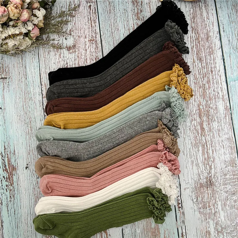 Kids Socks Ruffle Knee High Soft Cotton Solid Lace Flower Children School Uniform