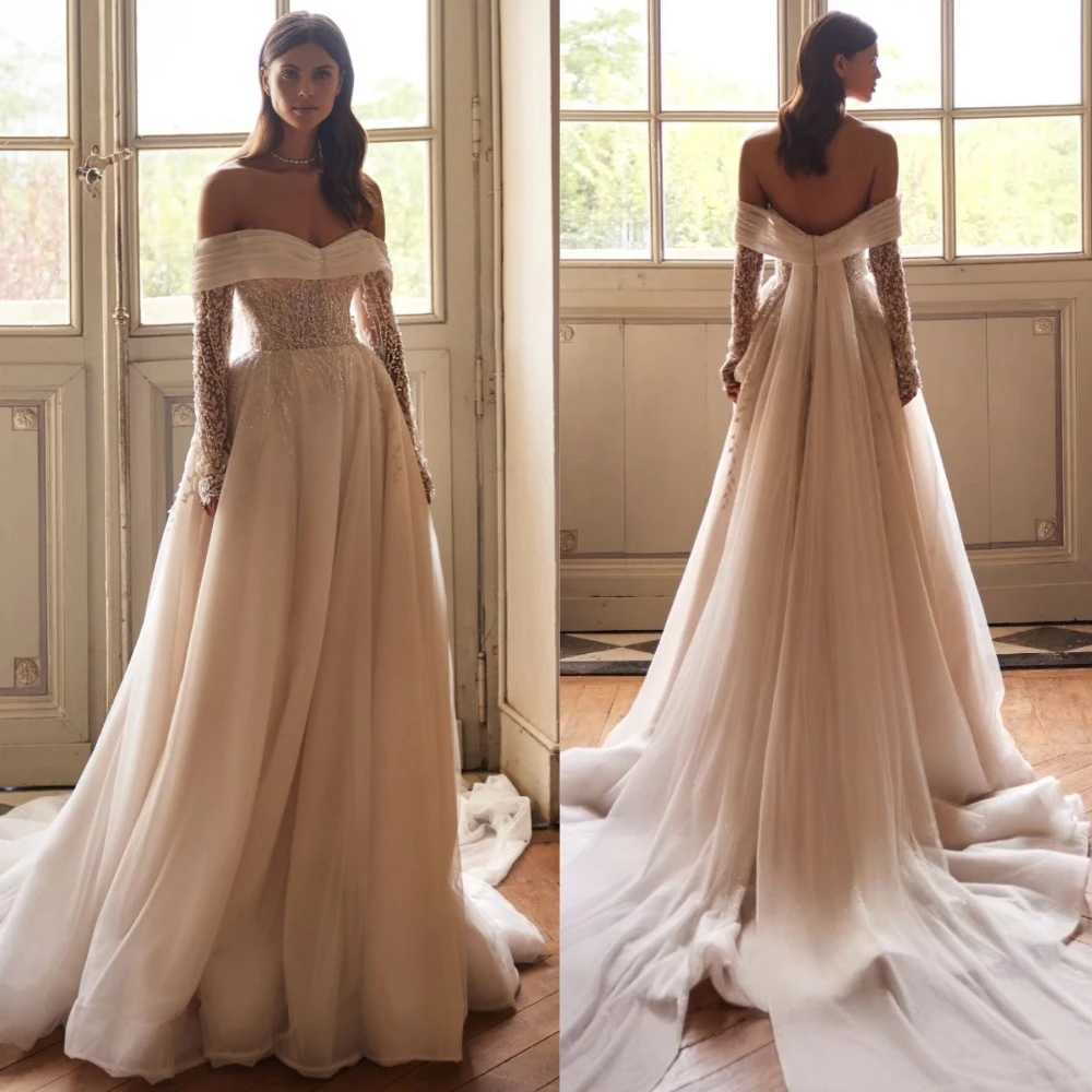 Jiayigong Tulle Beading Draped Pleat Beach A-line Off-the-shoulder Bespoke Occasion Gown Long Dresses