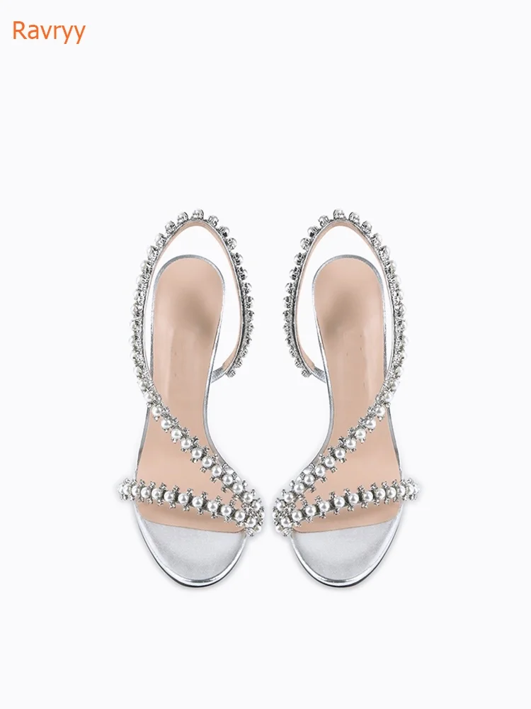 Pearl String Bead Sandals Women Sexy Round Toe Fashion Crystal Thin Heels Anke Wrap Summer Modern Shoes