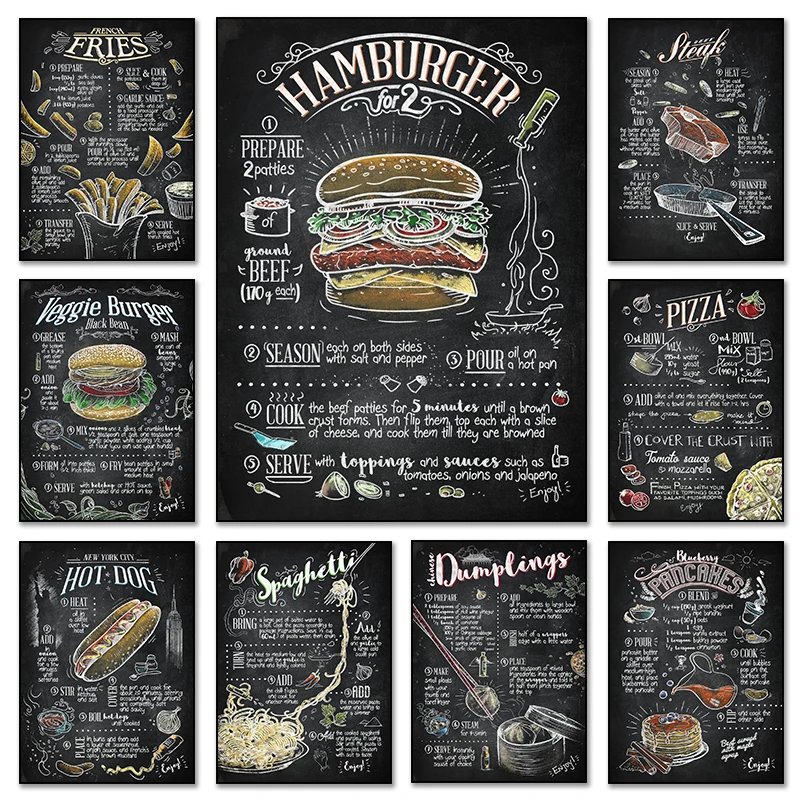 Classic Foodie Cuisine Blackboard Artwork Poster Canvas Printing Fast Food Hamburger Hotdog Wall Decor Kitchen Restaurant Decor