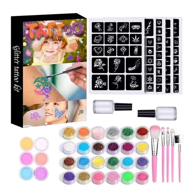 Glitter Colors Tattoo Kit With Stencil Glue Brush Makeup Glitter Body Art  Design For Kids Body Painting Glitter Powder Halloween - AliExpress