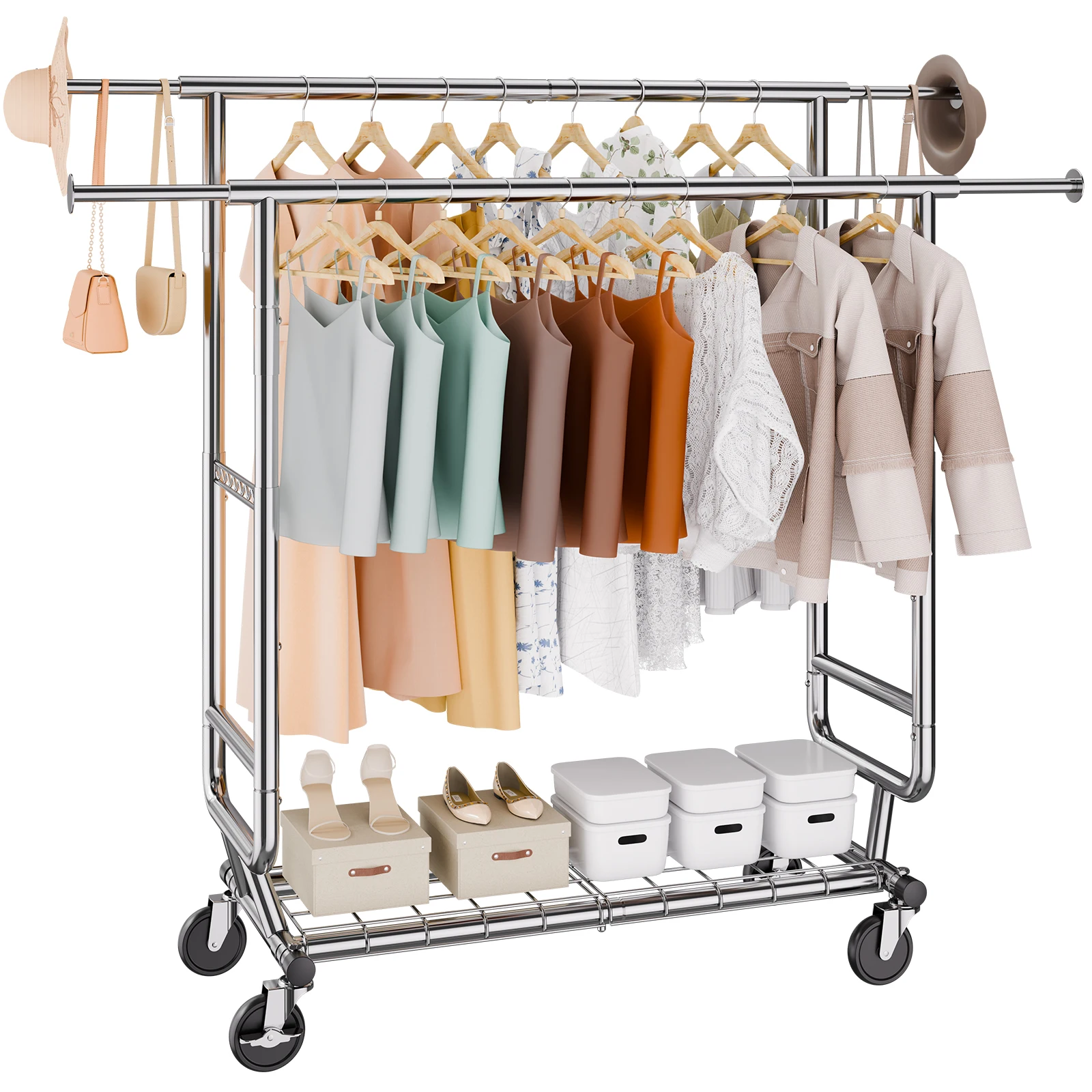 Heavy Duty Adjustable Garment Rack with Bottom Shelf and Wheels