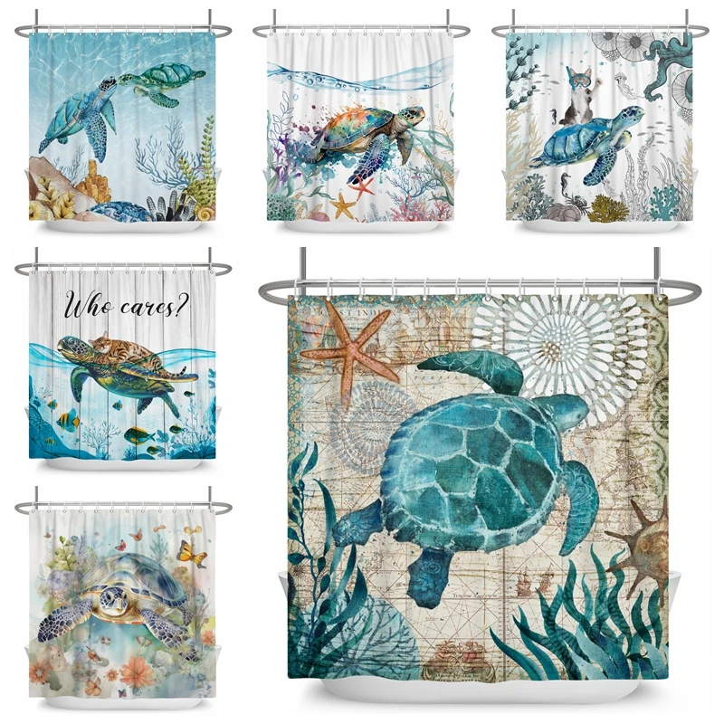 

Funny Seabed Turtle Shower Curtain Underwater Octopus Seaweed Ocean Animal Bath Partition Curtain Waterproof Curtain With Hooks