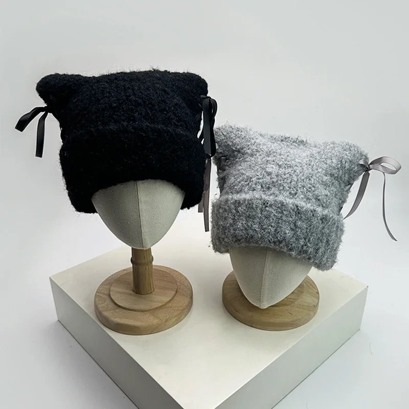 Women Sweet Bow Ribbon Cat Ears Knitted Hats Korean Warm Autumn and Winter New Cute Versatile Outdoor Beanies Fashion Thickened 2
