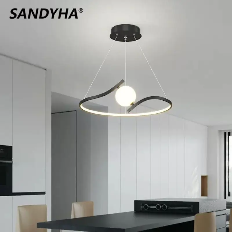 

SANDYHA Line Glass Ball Minimalist Pendant Light Black Gold Warm Led Lamp for Living Room Chandeliers Lustre Salon Design Luxe