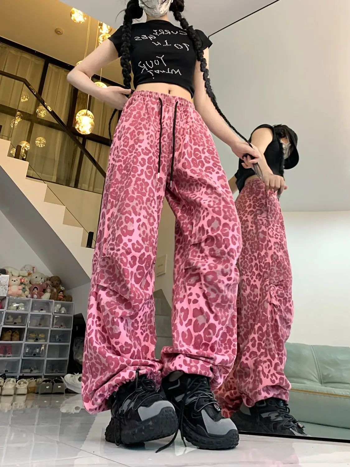 Jeans Leopard Print Pink Lace Up Women'S Oversized Denim Streetwear Wide Leg Pants Slimming Casual Retro High Street Trousers