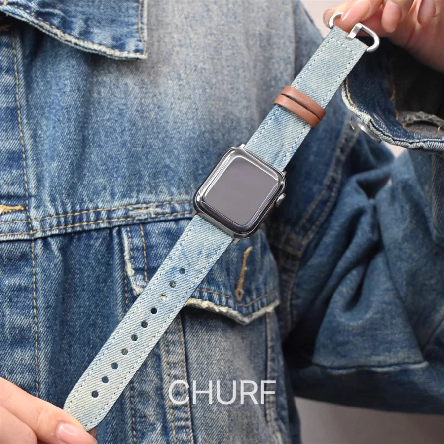 Apple Watch 스트랩과 호환되는 새로운 타이 염색 데님 스트랩 49mm 45mm 44mm 42mm Apple W와 호환되는 여성용 교체 스트랩