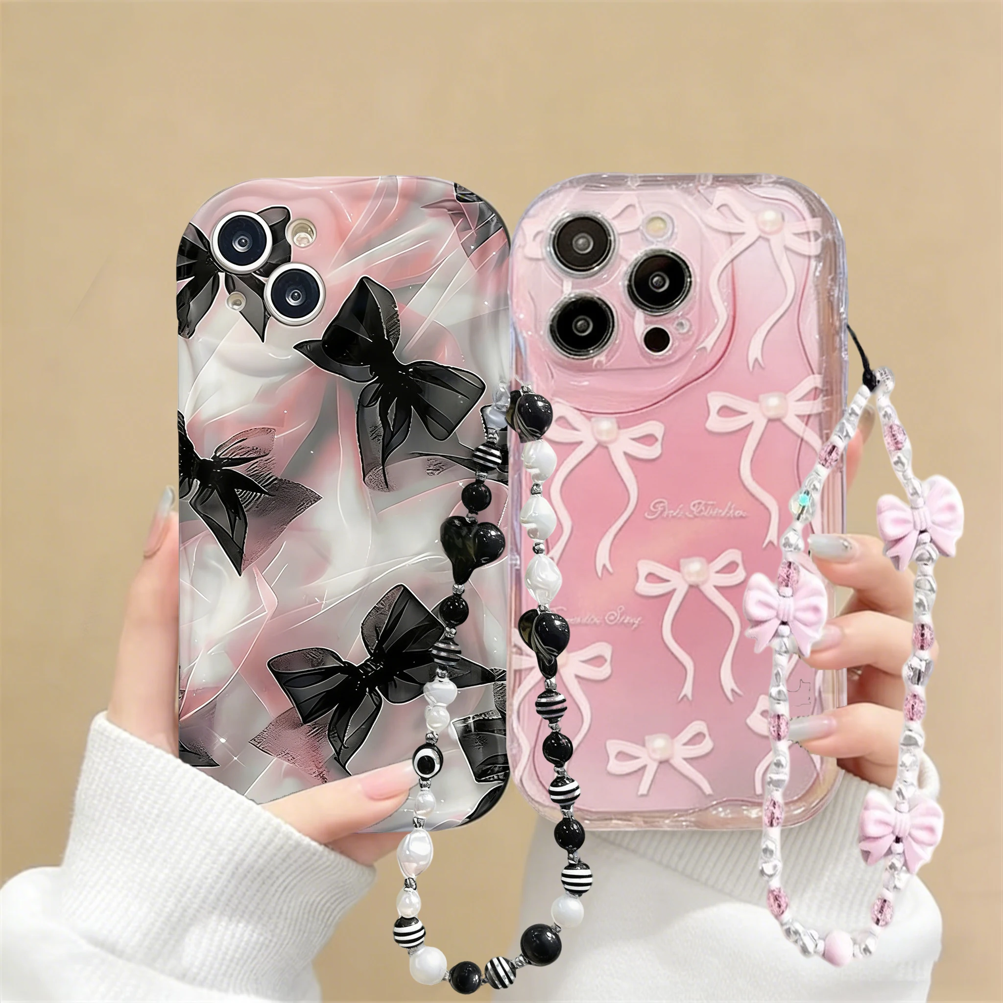 Chic Pink Bow Love Chain Strap 3D Wave Silicone Case Cover
