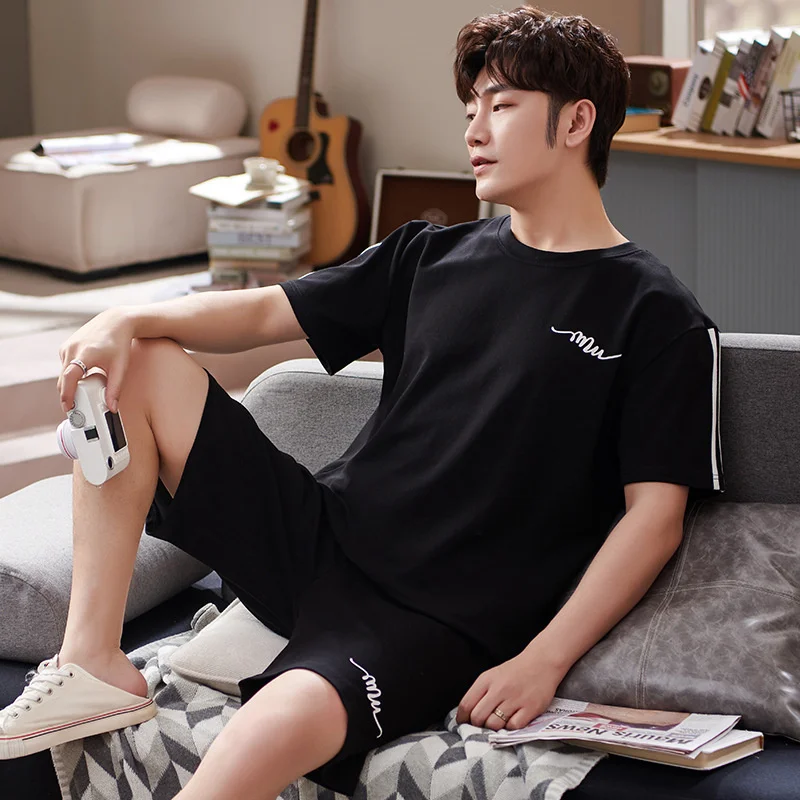 2022 New Summer Pajamas Men's Cotton Short Sleeved Shorts Spring And Autumn  Youth Large Size Home Clothes Can Be Worn Out