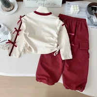 Vêtements pour filles, nouvelle mode d'automne, décoration avec nœud rouge, lettre brodée, haut à manches longues + pantalon de travail, ensemble 2 pièces, vêtements pour enfants 5