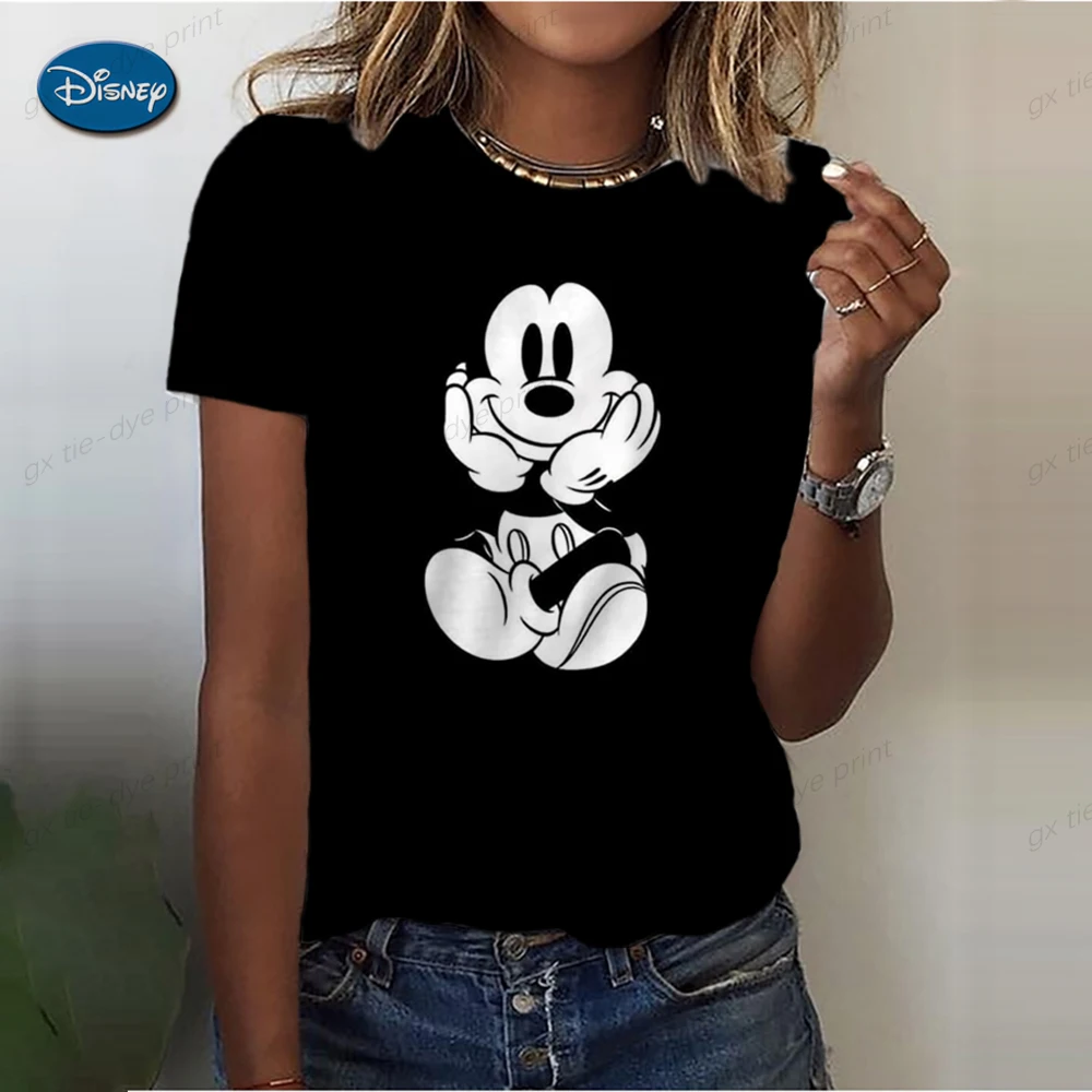 

New Women's T-shirt Disney Minnie Mickey Print Short Sleeve Cartoon Tops O Neck Girls Clothing Streetwear Fashion Casual Tee